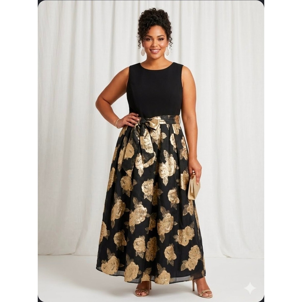 Eliza J Black Gold Metallic Floral Jacquard Ball Gown Maxi Dress Plus 20W formal